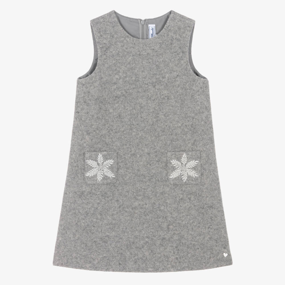Tartine et Chocolat-Girls Grey Wool Snowflake Pinafore Dress | Childrensalon
