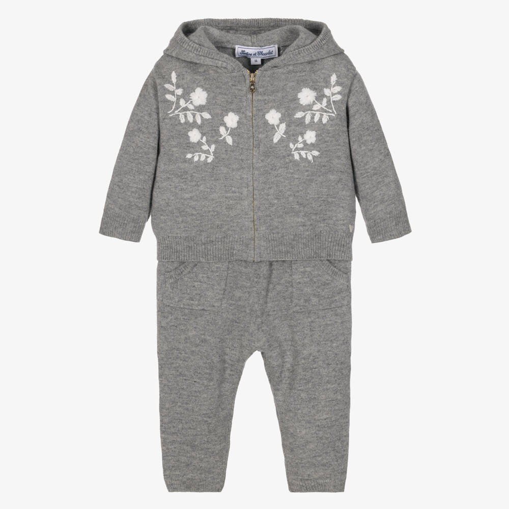 Tartine et Chocolat-Girls Grey Wool Tracksuit with White Embroidery | Childrensalon