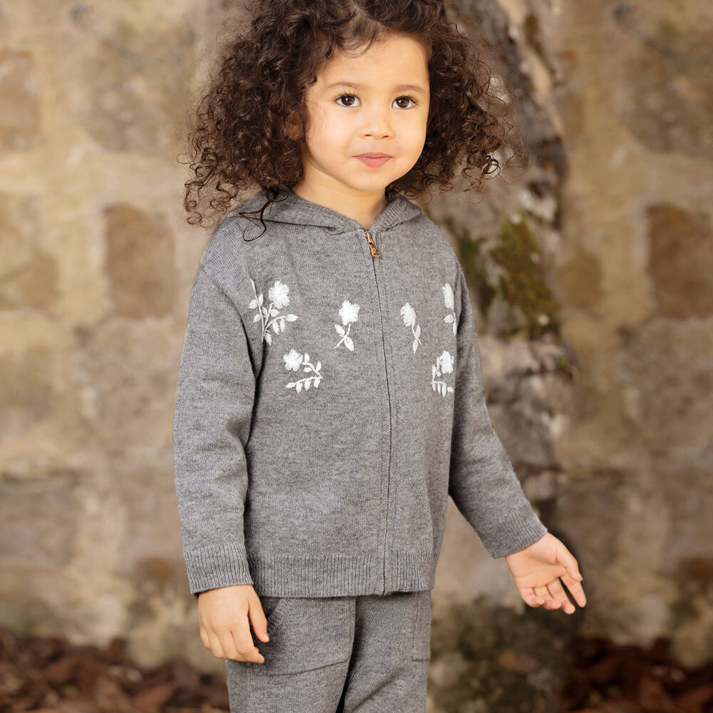 Tartine et Chocolat-Girls Grey Wool Tracksuit with White Embroidery | Childrensalon