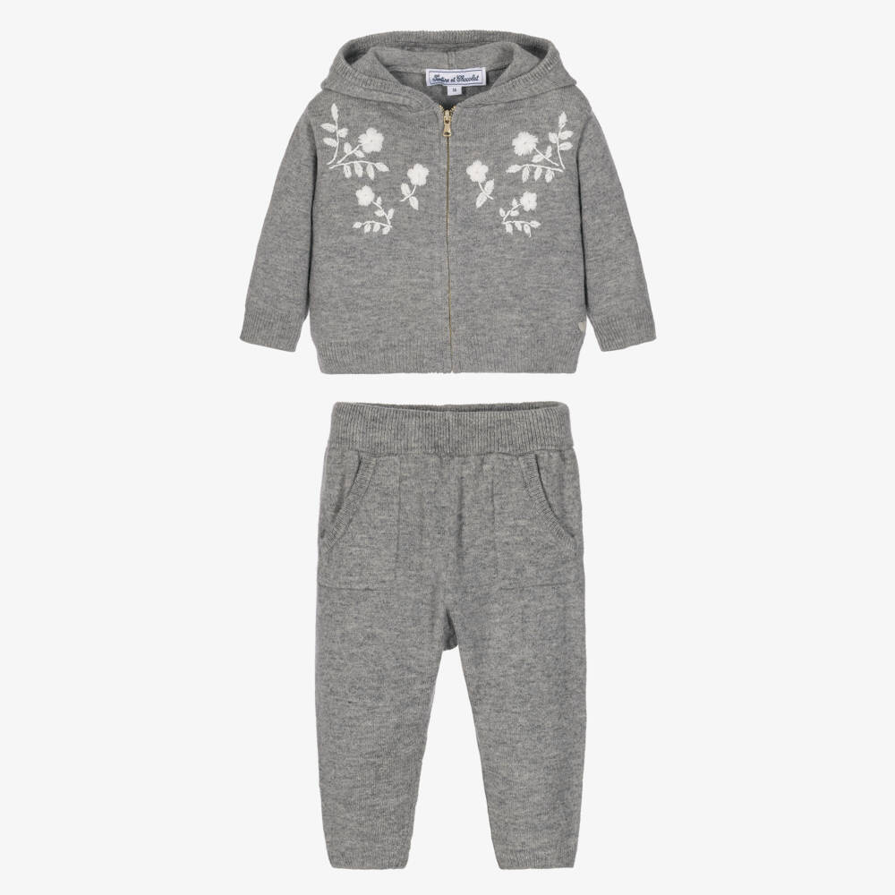Tartine et Chocolat-Girls Grey Wool Tracksuit with White Embroidery | Childrensalon