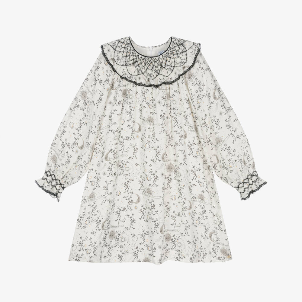 Tartine et Chocolat-Girls Ivory & Black Lace Hand-Smocked Crêpe Dress  | Childrensalon