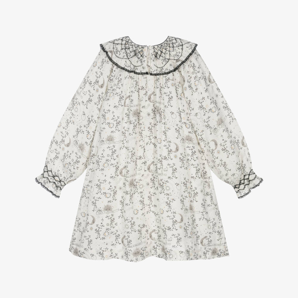 Tartine et Chocolat-فستان تطريز سموك كريب لون عاجي وأسود للبنات  | Childrensalon