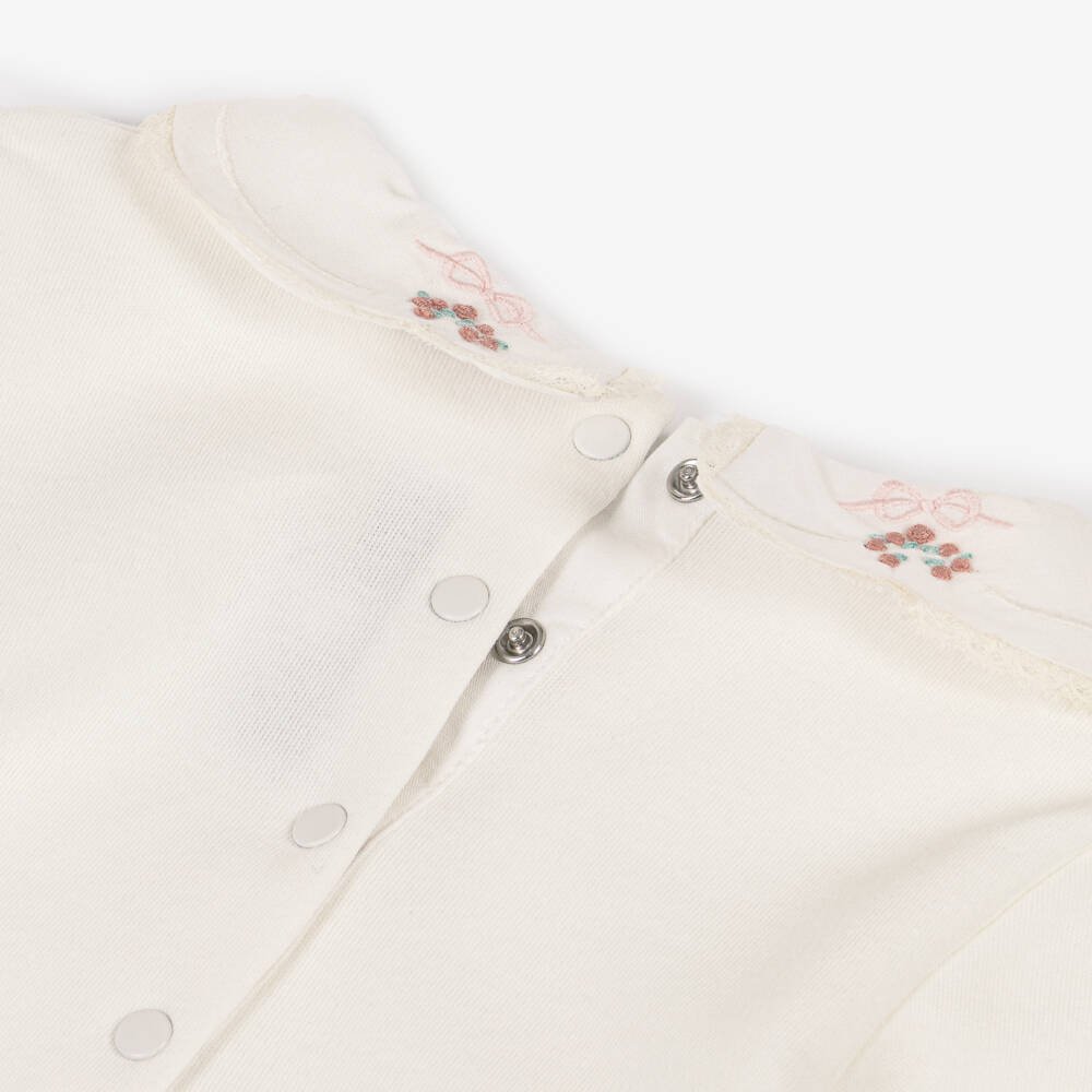 Tartine et Chocolat-Girls Ivory Bodysuit with Hand Embroidered Floral Collar | Childrensalon