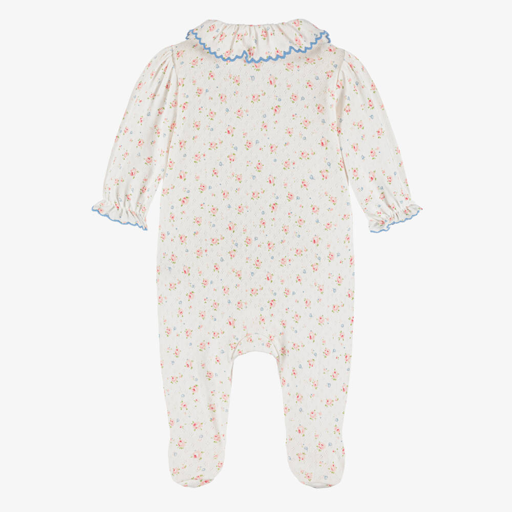 Tartine et Chocolat-Girls Ivory Cotton Babygrow with Pink & Blue Floral Print | Childrensalon