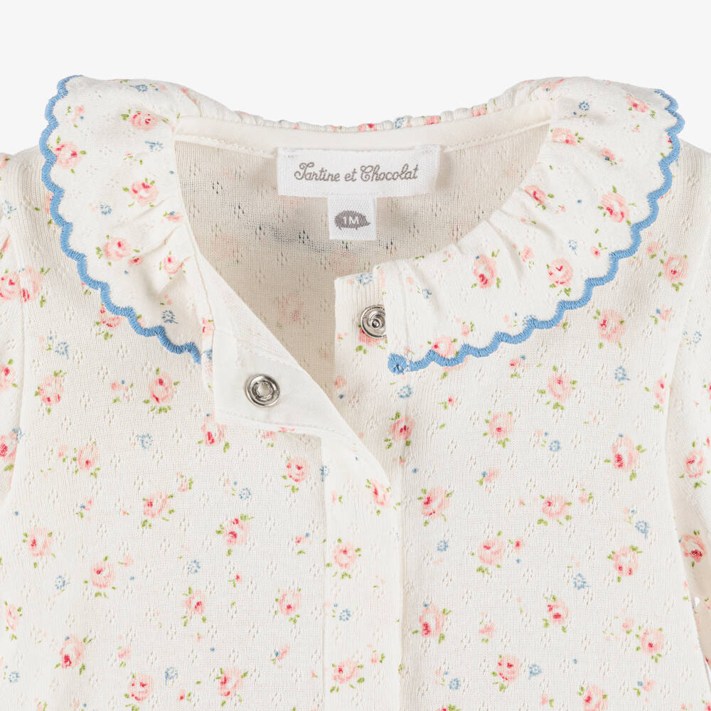 Tartine et Chocolat-Girls Ivory Cotton Babygrow with Pink & Blue Floral Print | Childrensalon