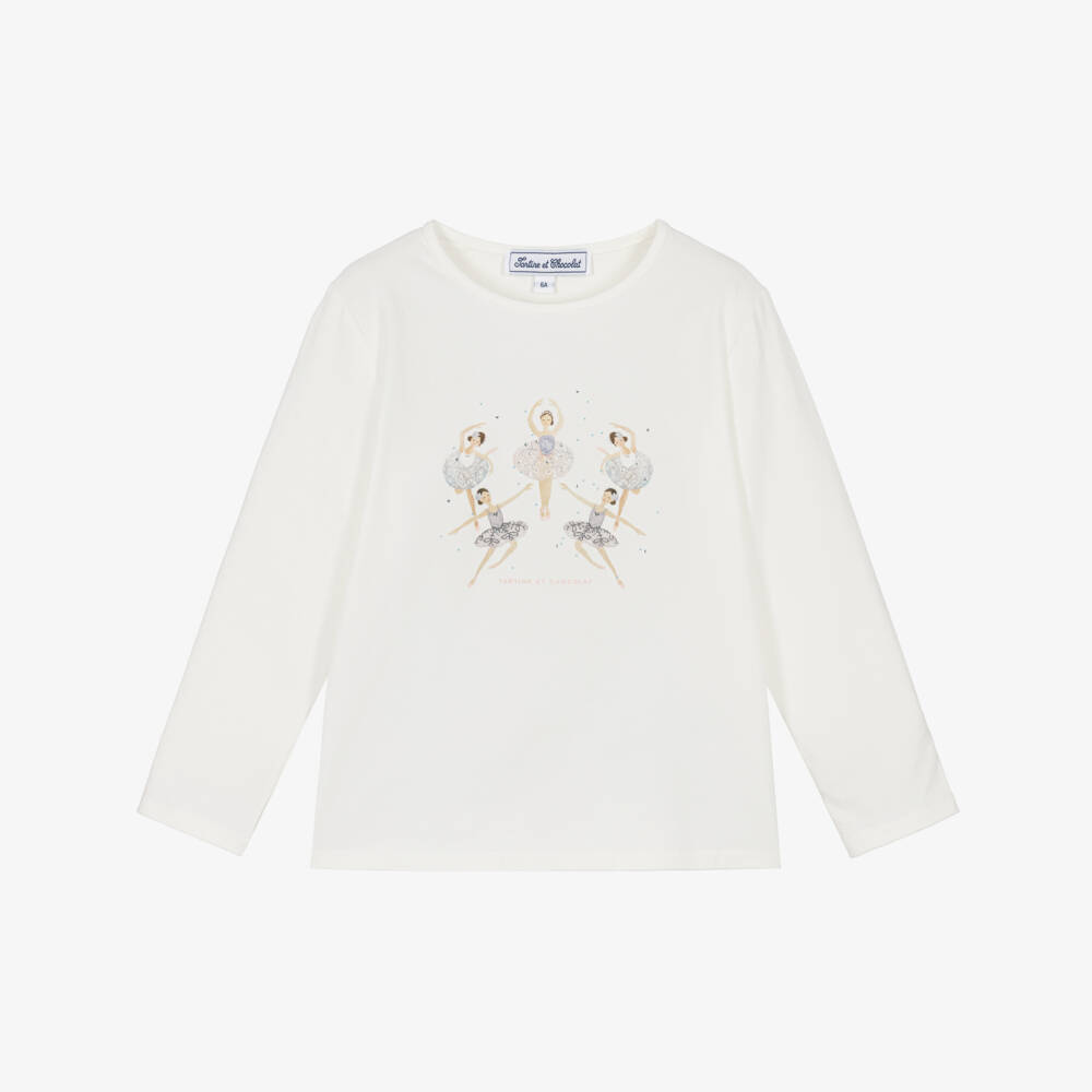 Tartine et Chocolat-Girls Ivory Cotton Dancing Ballerinas Print Top | Childrensalon