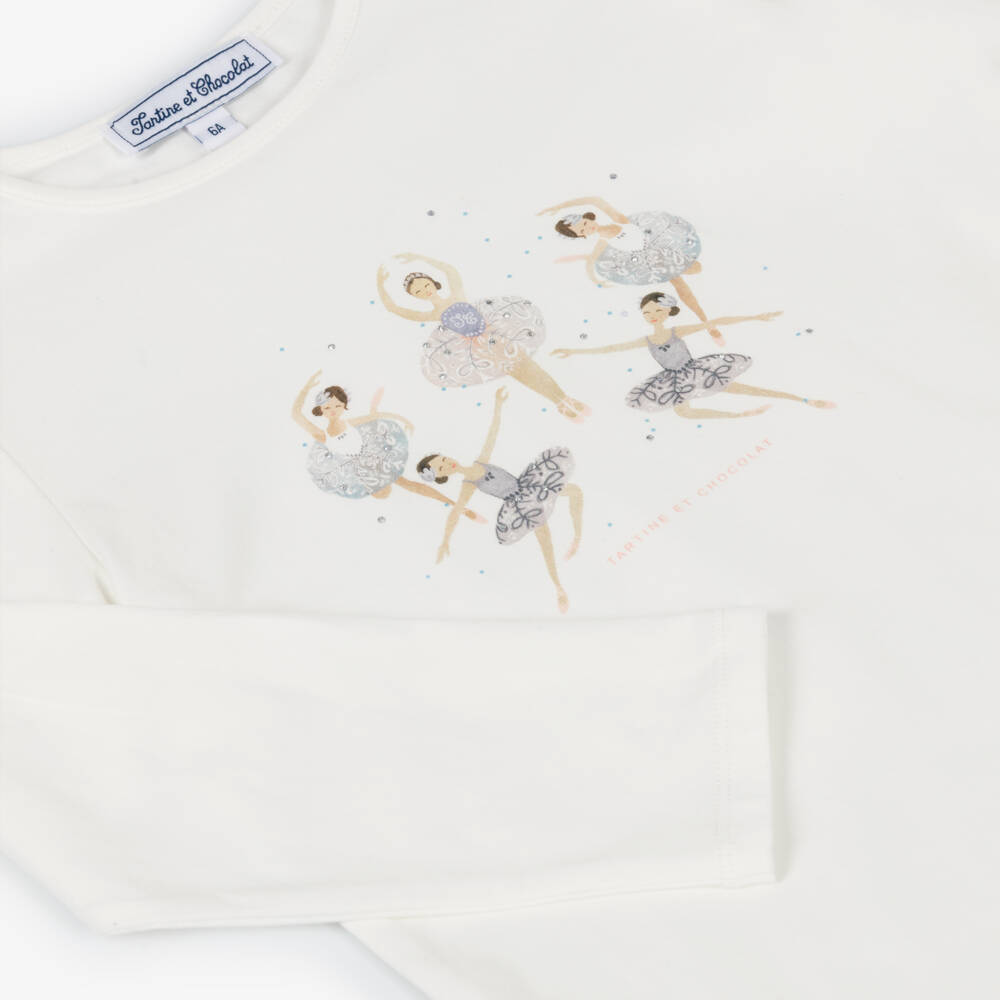 Tartine et Chocolat-Girls Ivory Cotton Dancing Ballerinas Print Top | Childrensalon