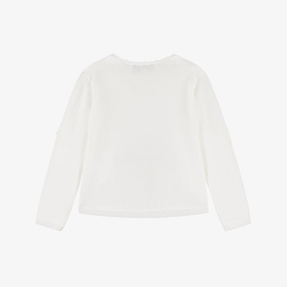 Tartine et Chocolat-Girls Ivory Cotton Knit Cardigan with Floral Appliqués | Childrensalon