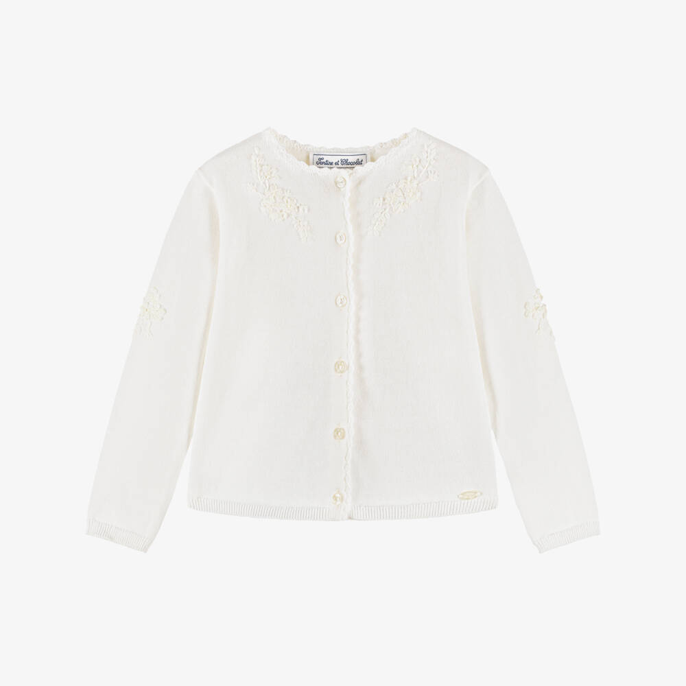 Tartine et Chocolat-Girls Ivory Cotton Knit Cardigan with Floral Appliqués | Childrensalon