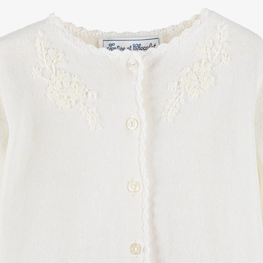 Tartine et Chocolat-Girls Ivory Cotton Knit Cardigan with Floral Appliqués | Childrensalon