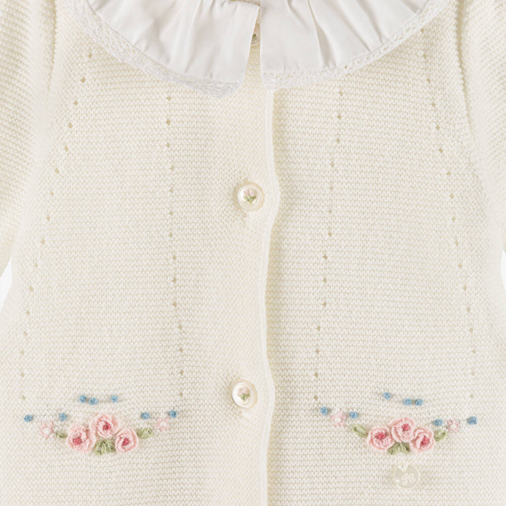 Tartine et Chocolat-Girls Ivory Cotton Knit Hand-Embroidered Romper  | Childrensalon