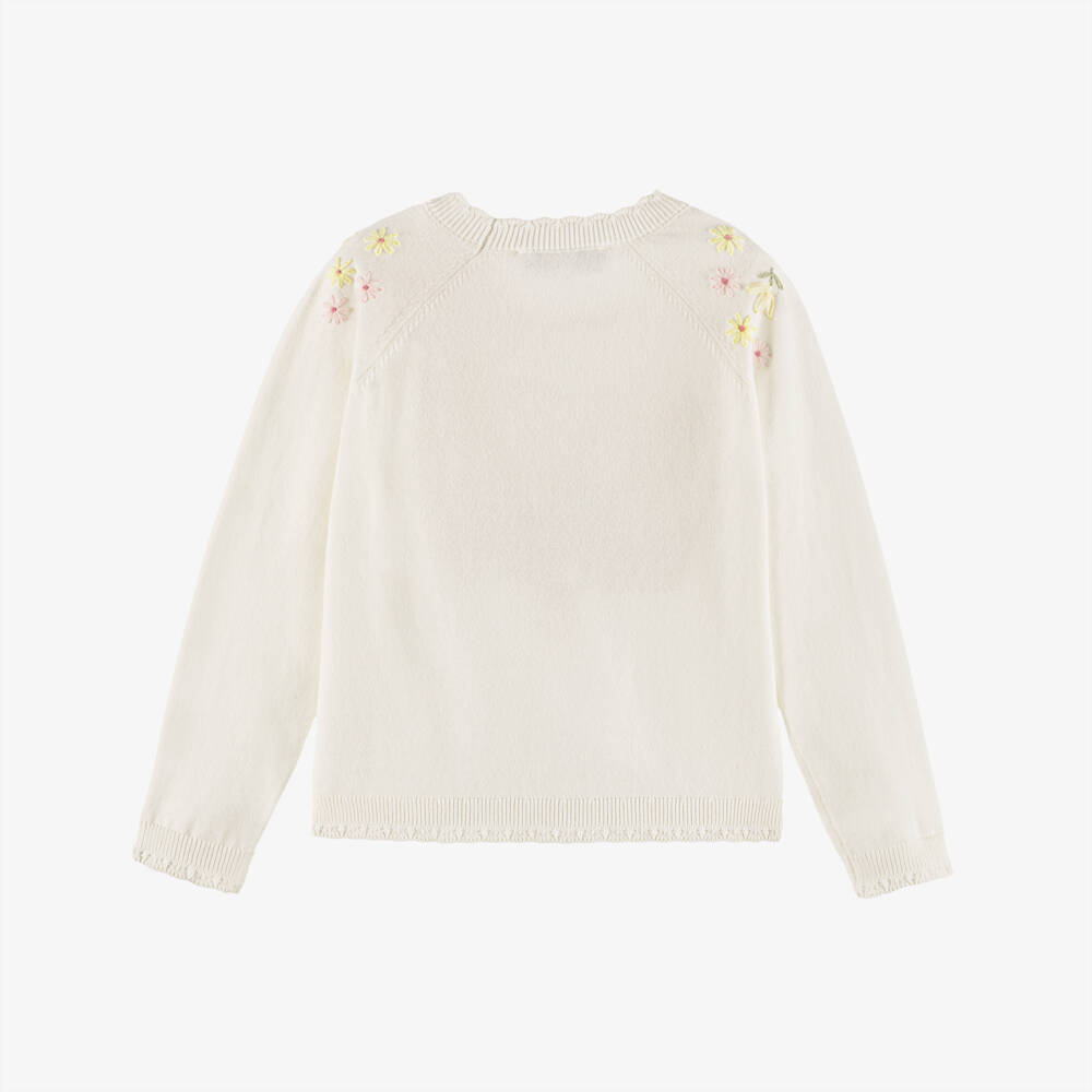 Tartine et Chocolat-Girls Ivory Cotton Knit Jumper with Hand-Embroidered Florals | Childrensalon