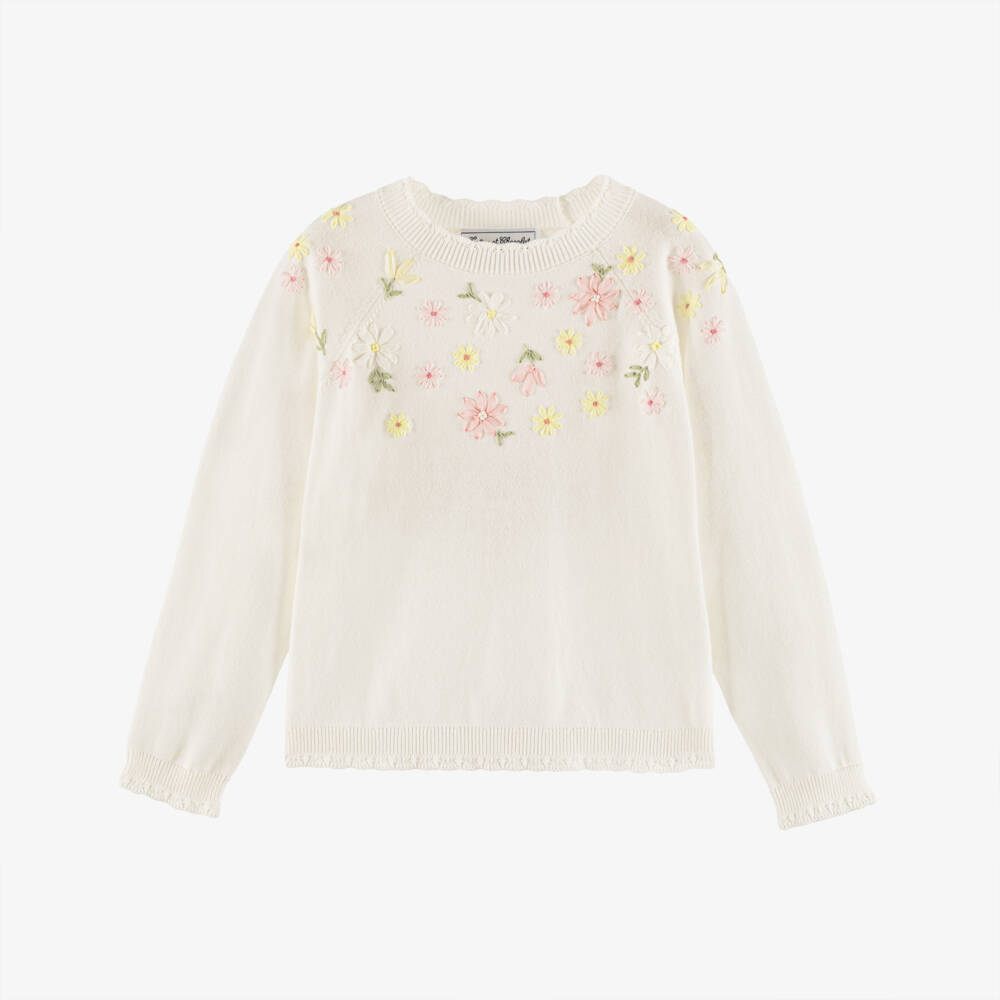Tartine et Chocolat-Girls Ivory Cotton Knit Jumper with Hand-Embroidered Florals | Childrensalon
