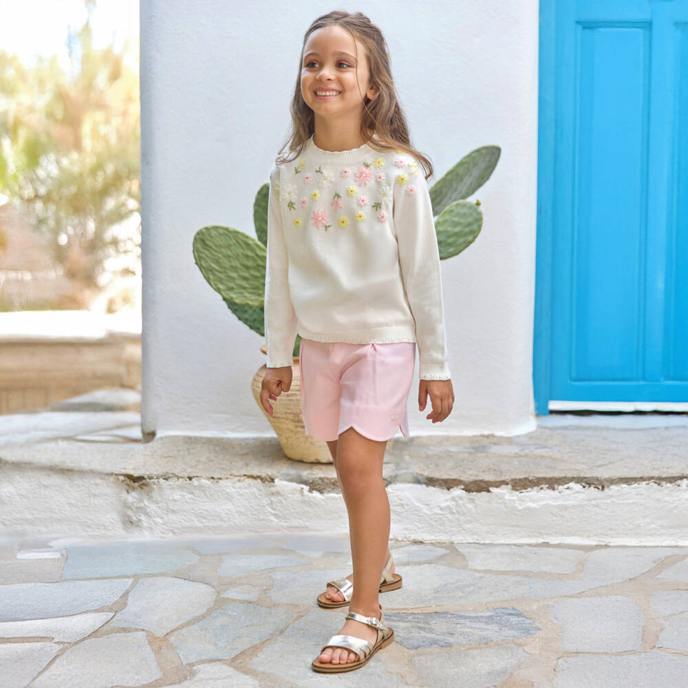 Tartine et Chocolat-Girls Ivory Cotton Knit Jumper with Hand-Embroidered Florals | Childrensalon
