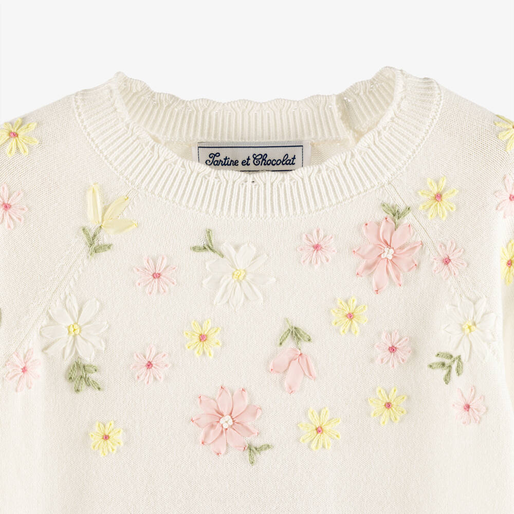 Tartine et Chocolat-Girls Ivory Cotton Knit Jumper with Hand-Embroidered Florals | Childrensalon