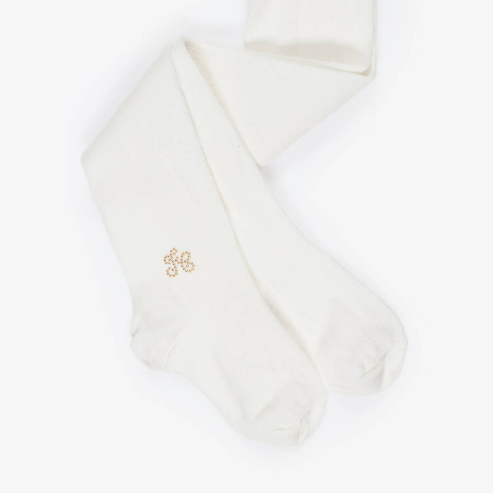 Tartine et Chocolat-Girls Ivory Cotton Knit Tights | Childrensalon