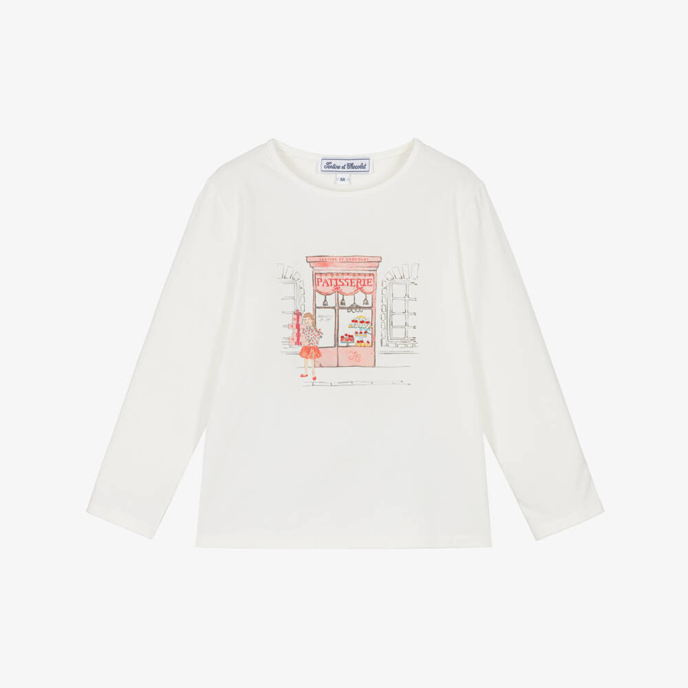 Tartine et Chocolat-Girls Ivory Cotton Patisserie Print Top | Childrensalon