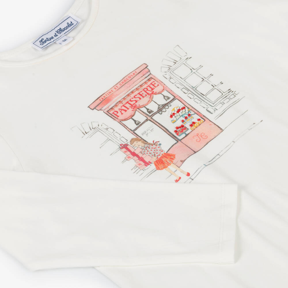 Tartine et Chocolat-Girls Ivory Cotton Patisserie Print Top | Childrensalon