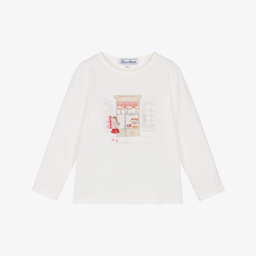 Tartine et Chocolat-Girls Ivory Cotton Patisserie Print Top | Childrensalon