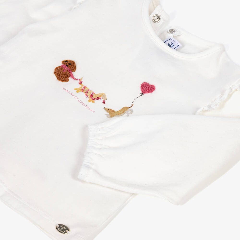 Tartine et Chocolat-Girls Ivory Cotton Top with Playful Puppy Prints | Childrensalon