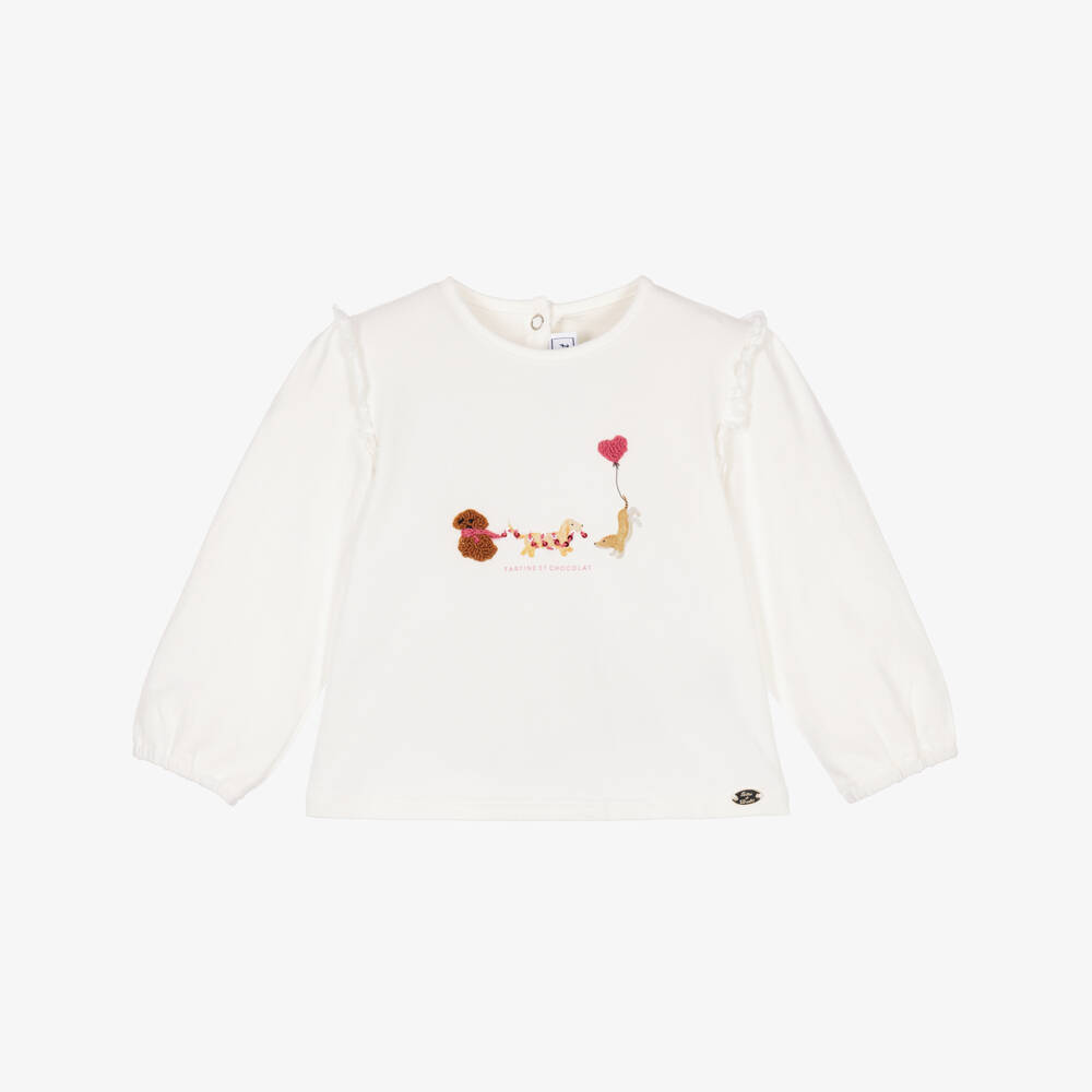 Tartine et Chocolat-Girls Ivory Cotton Top with Playful Puppy Prints | Childrensalon