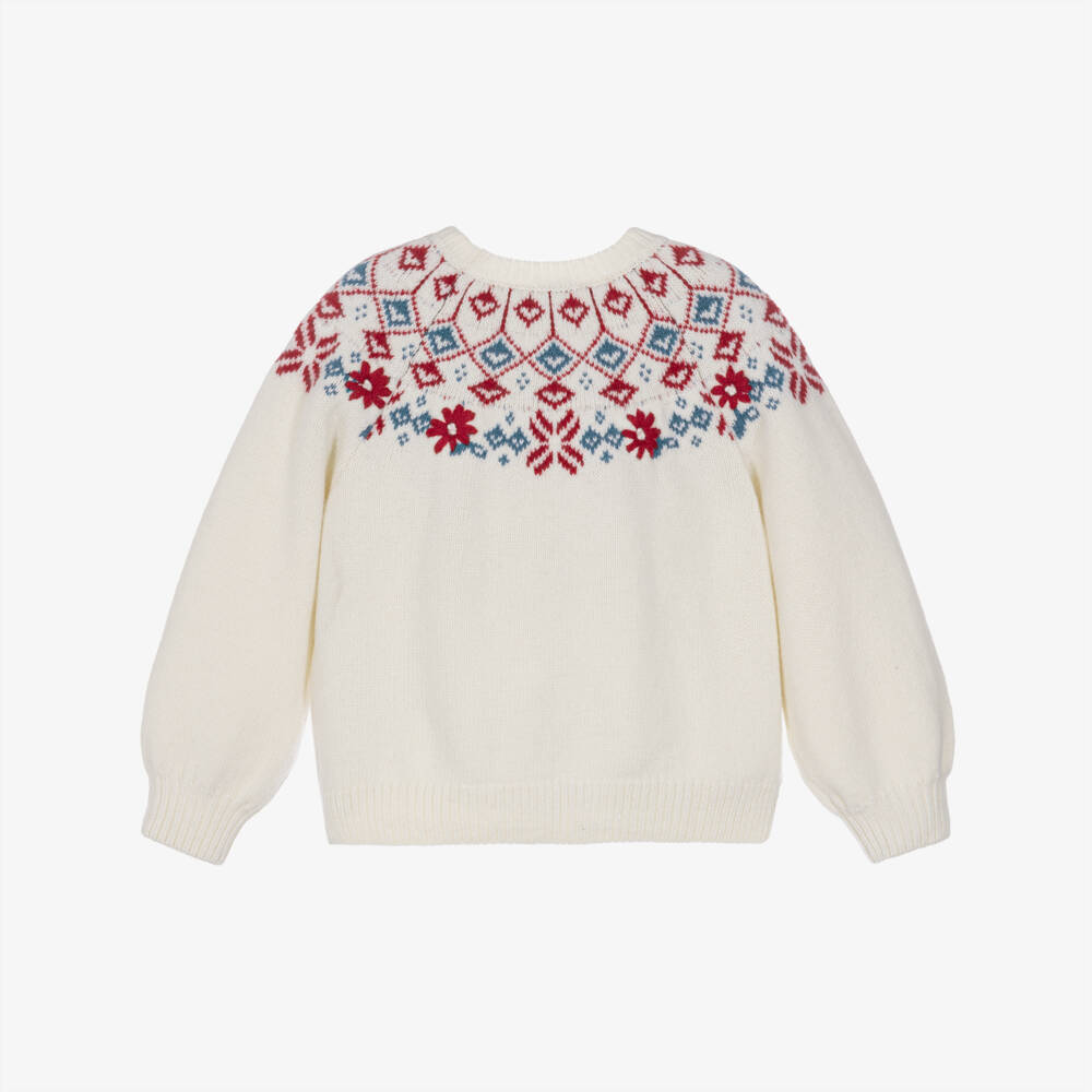 Tartine et Chocolat-Girls Ivory Fair Isle Wool Sweater with Hand Embroidery | Childrensalon