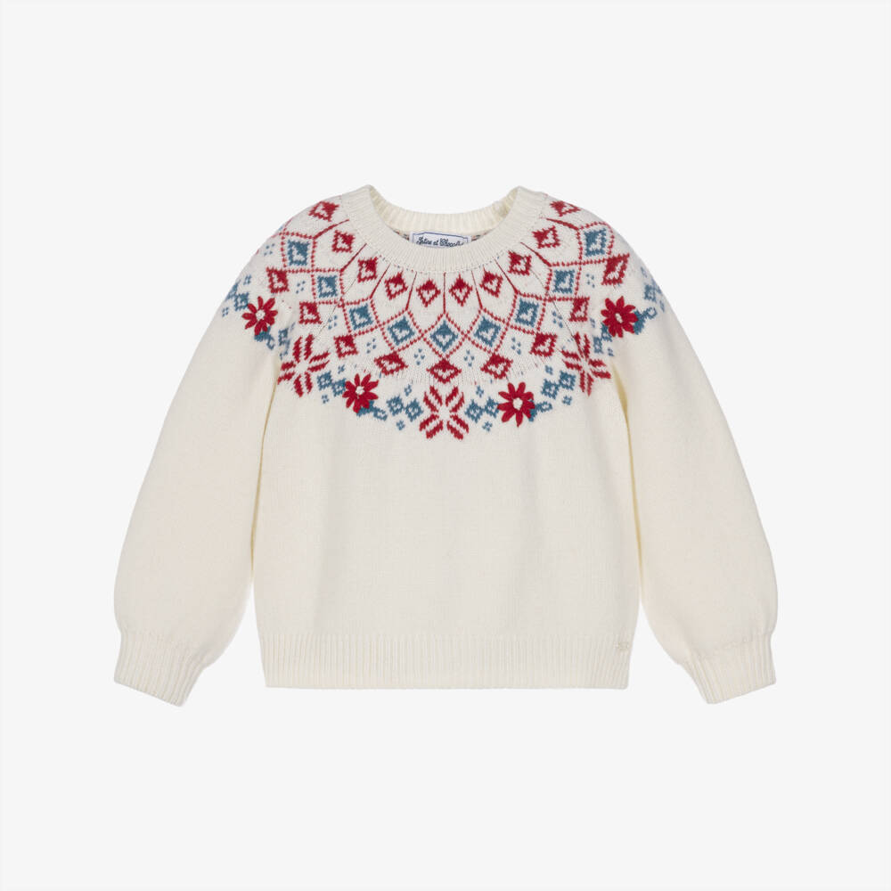 Tartine et Chocolat-Girls Ivory Fair Isle Wool Sweater with Hand Embroidery | Childrensalon