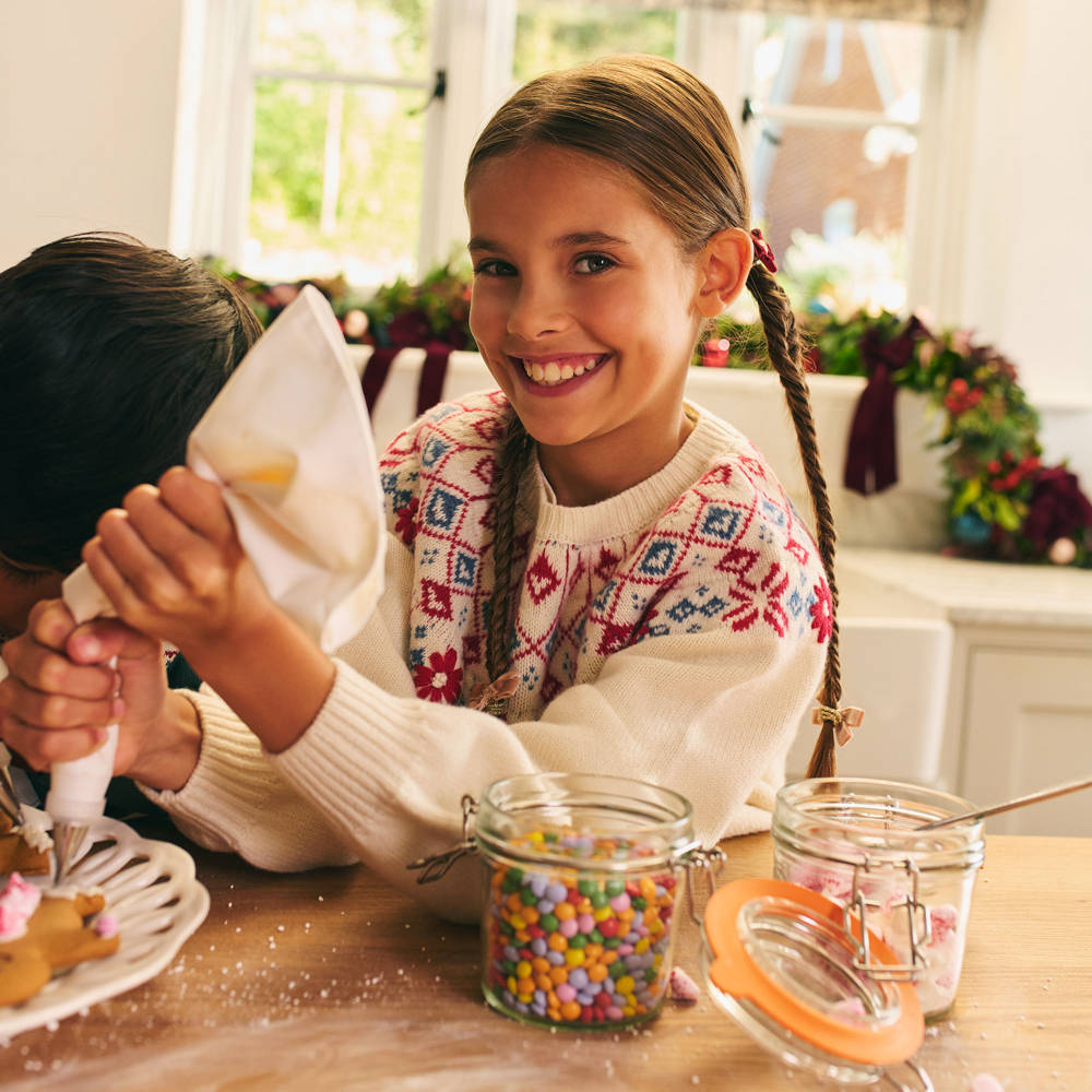 Tartine et Chocolat-Girls Ivory Fair Isle Wool Sweater with Hand Embroidery | Childrensalon