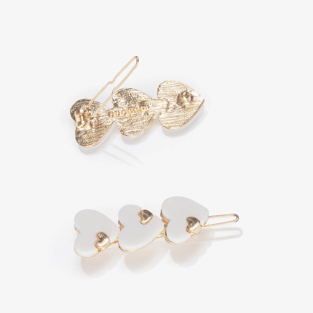 Tartine et Chocolat-Girls Ivory & Gold Heart Hair Clips (2 Pack) | Childrensalon
