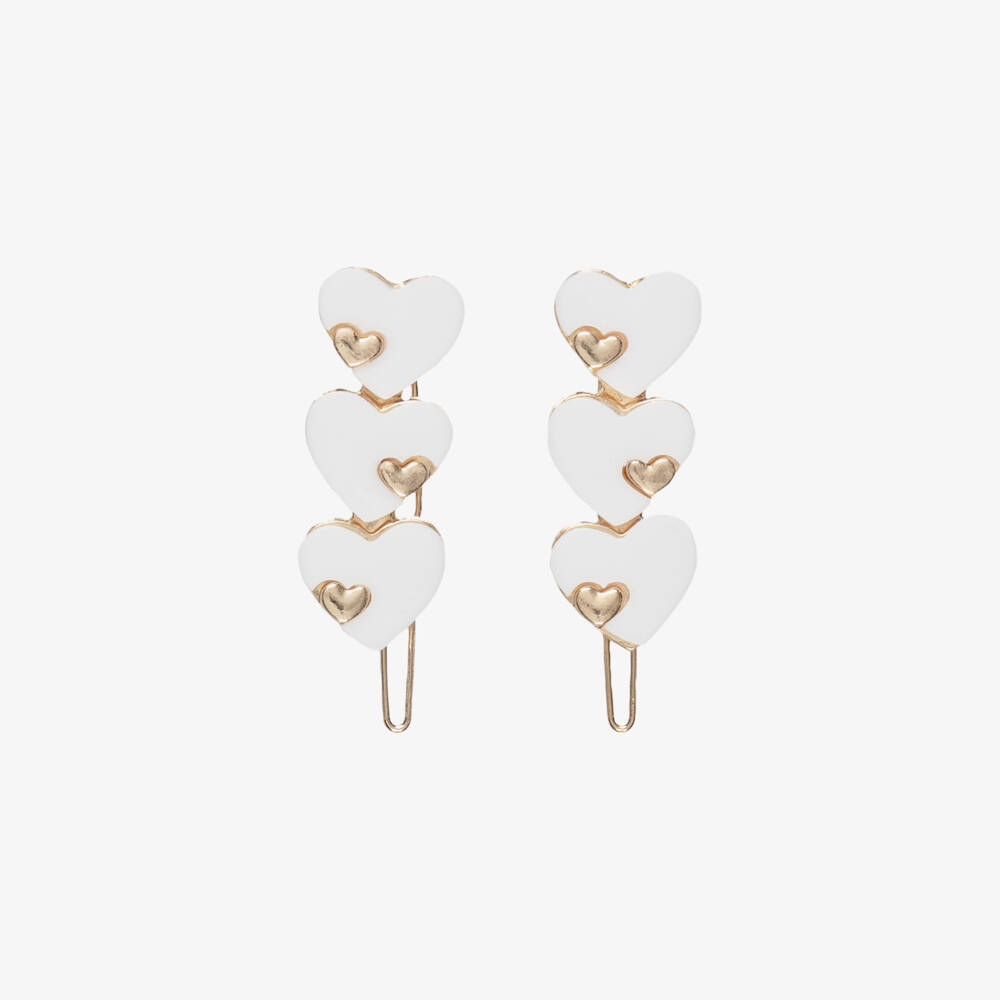 Tartine et Chocolat-Girls Ivory & Gold Heart Hair Clips (2 Pack) | Childrensalon
