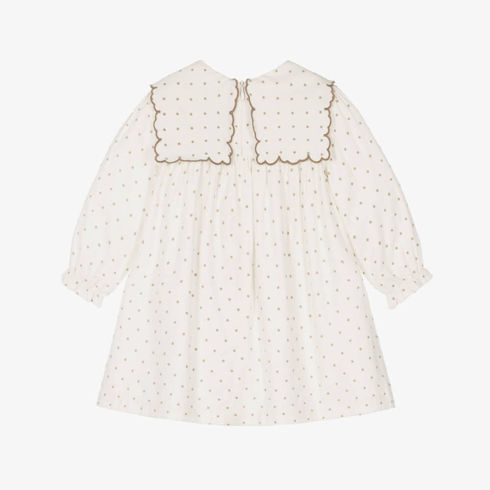 Tartine et Chocolat-Girls Ivory Hand-Embroidered Dress with Beige Polka Dots | Childrensalon
