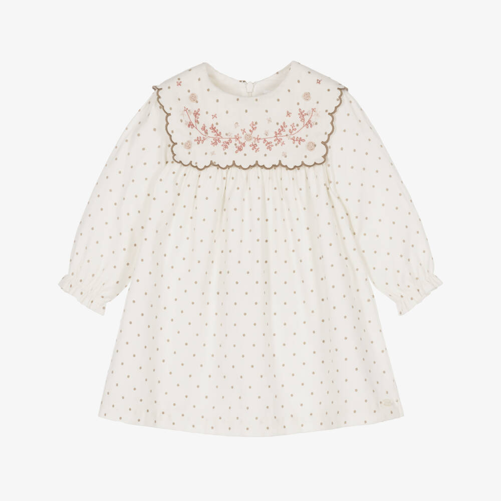 Tartine et Chocolat-Girls Ivory Hand-Embroidered Dress with Beige Polka Dots | Childrensalon
