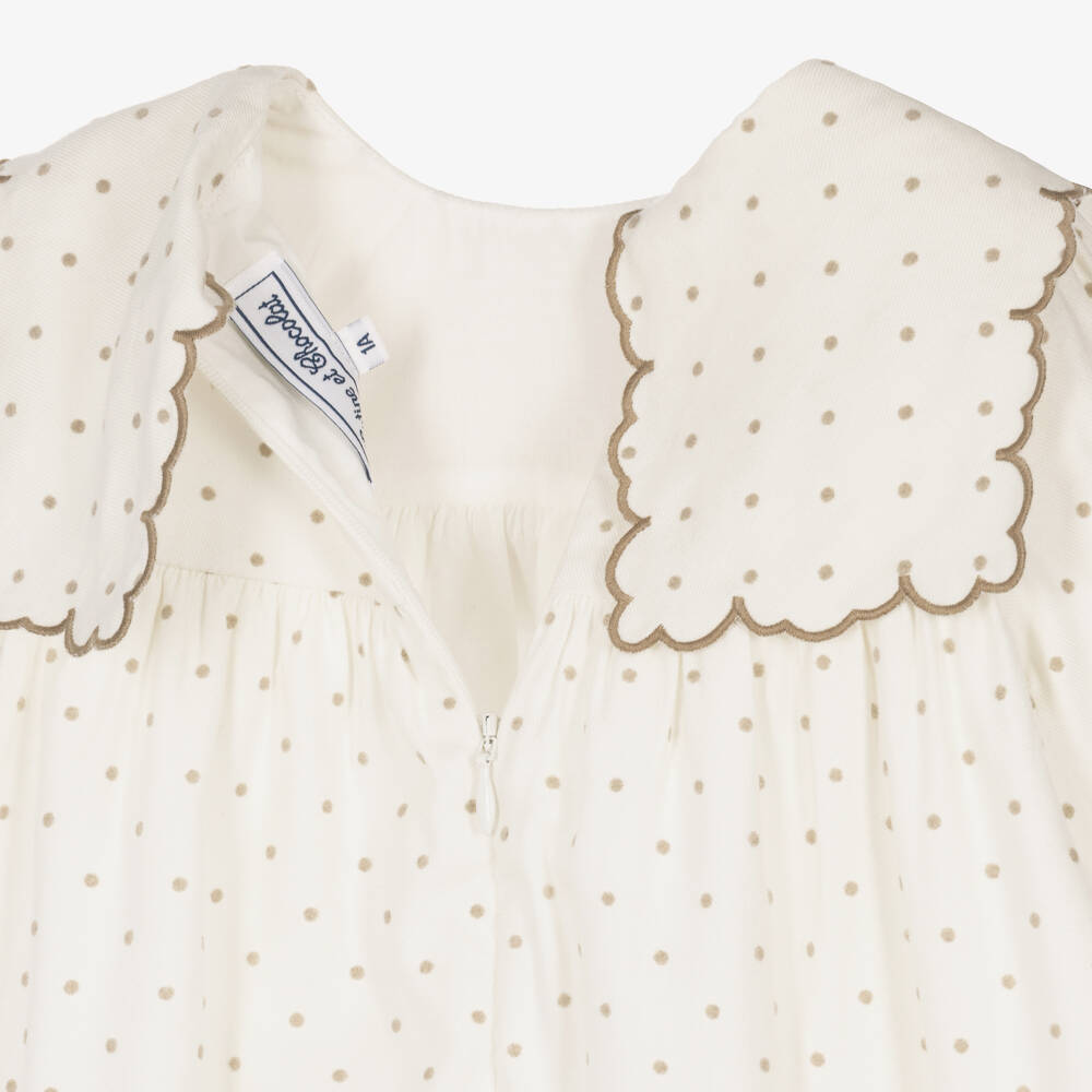Tartine et Chocolat-Girls Ivory Hand-Embroidered Dress with Beige Polka Dots | Childrensalon
