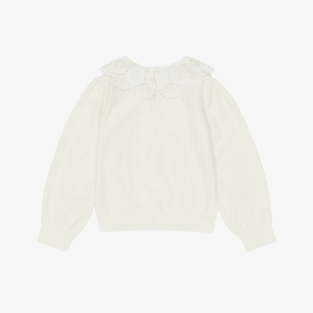 Tartine et Chocolat-Girls Ivory Knit Sweater with Lace Collar | Childrensalon
