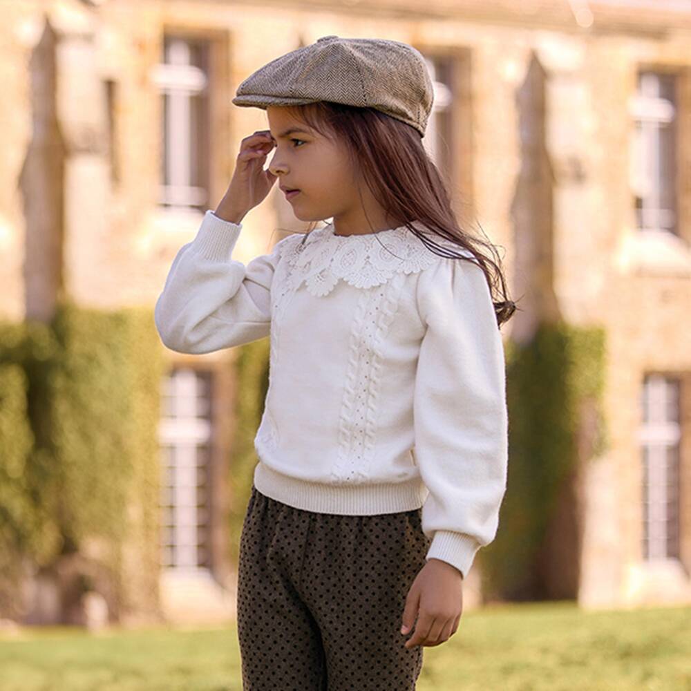 Tartine et Chocolat-Girls Ivory Knit Sweater with Lace Collar | Childrensalon