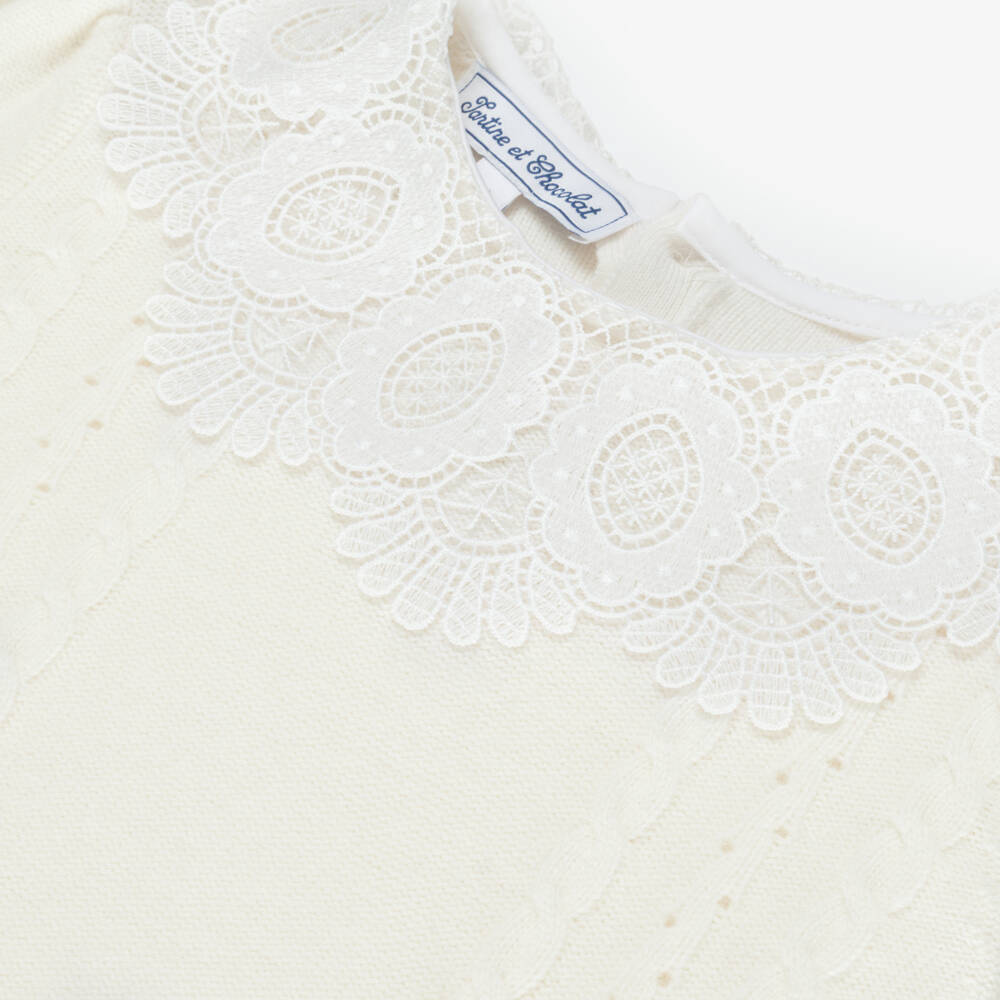 Tartine et Chocolat-Girls Ivory Knit Sweater with Lace Collar | Childrensalon