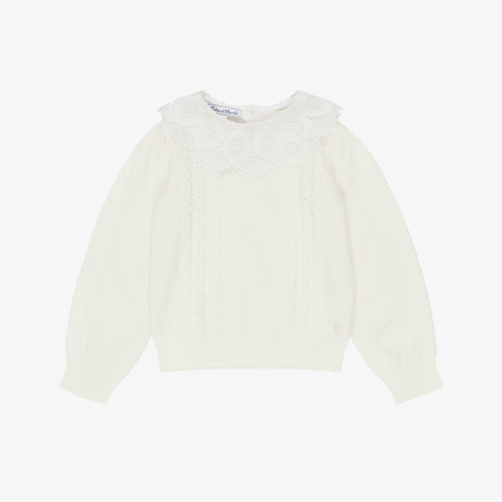 Tartine et Chocolat-Girls Ivory Knit Sweater with Lace Collar | Childrensalon
