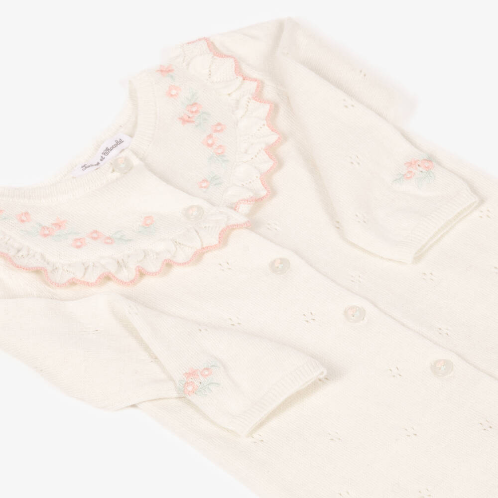 Tartine et Chocolat-Girls Ivory Knitted Cotton & Cashmere Babygrow | Childrensalon