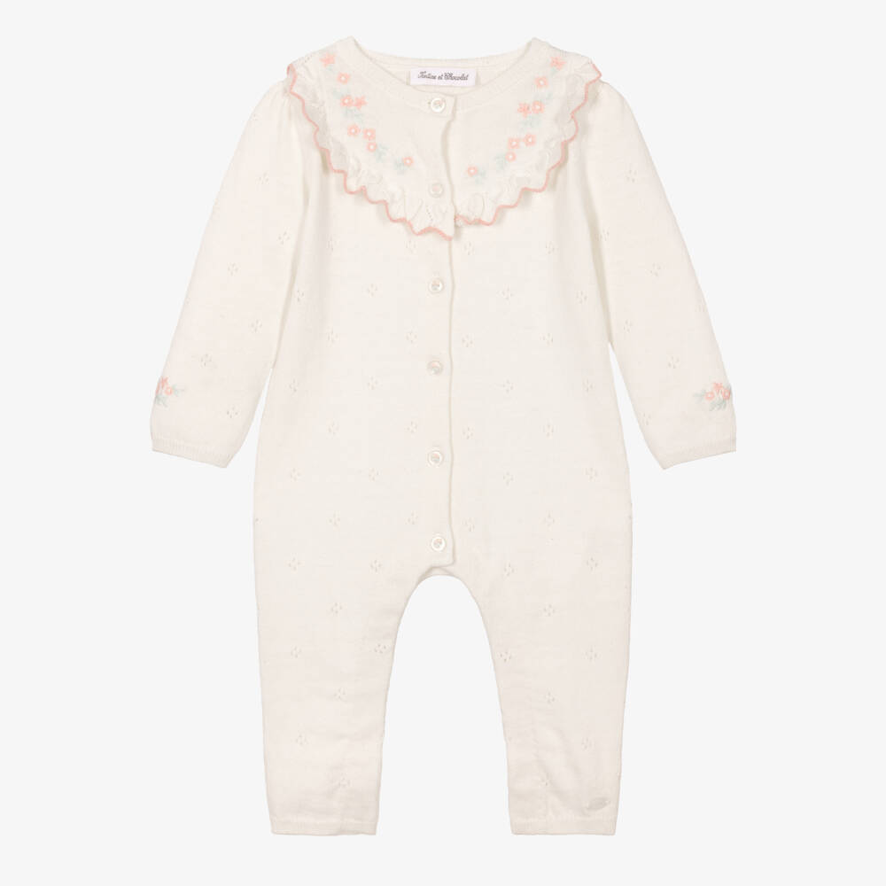 Tartine et Chocolat-Girls Ivory Knitted Cotton & Cashmere Babygrow  | Childrensalon