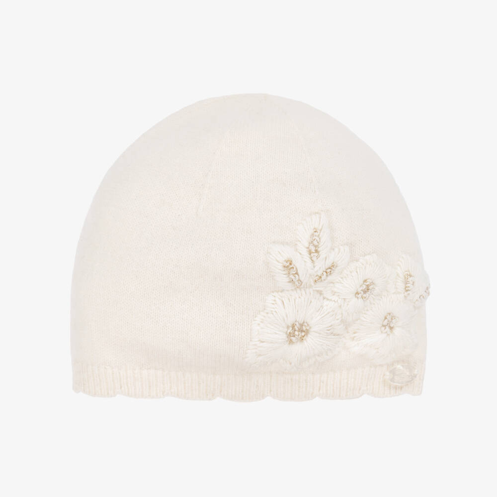 Tartine et Chocolat-Girls Ivory Knitted & Embroidered Floral Hat | Childrensalon