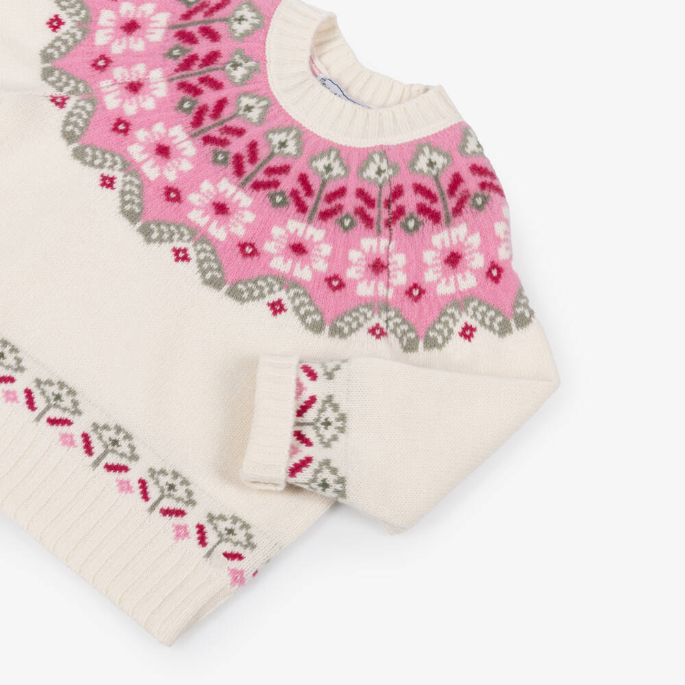 Tartine et Chocolat-Girls Ivory & Pink Fair Isle Wool Knit Jumper | Childrensalon