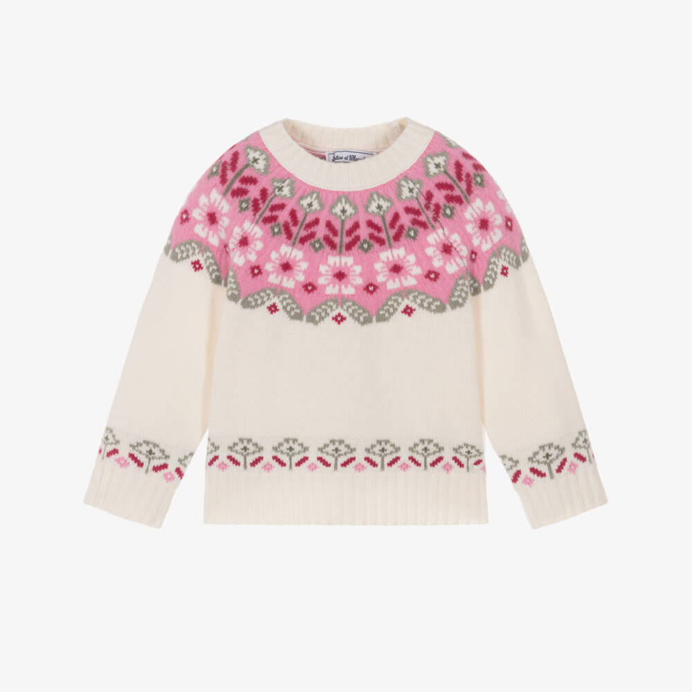 Tartine et Chocolat-Girls Ivory & Pink Fair Isle Wool Knit Jumper | Childrensalon