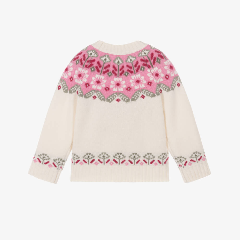 Tartine et Chocolat-Girls Ivory & Pink Fair Isle Wool Knit Jumper | Childrensalon