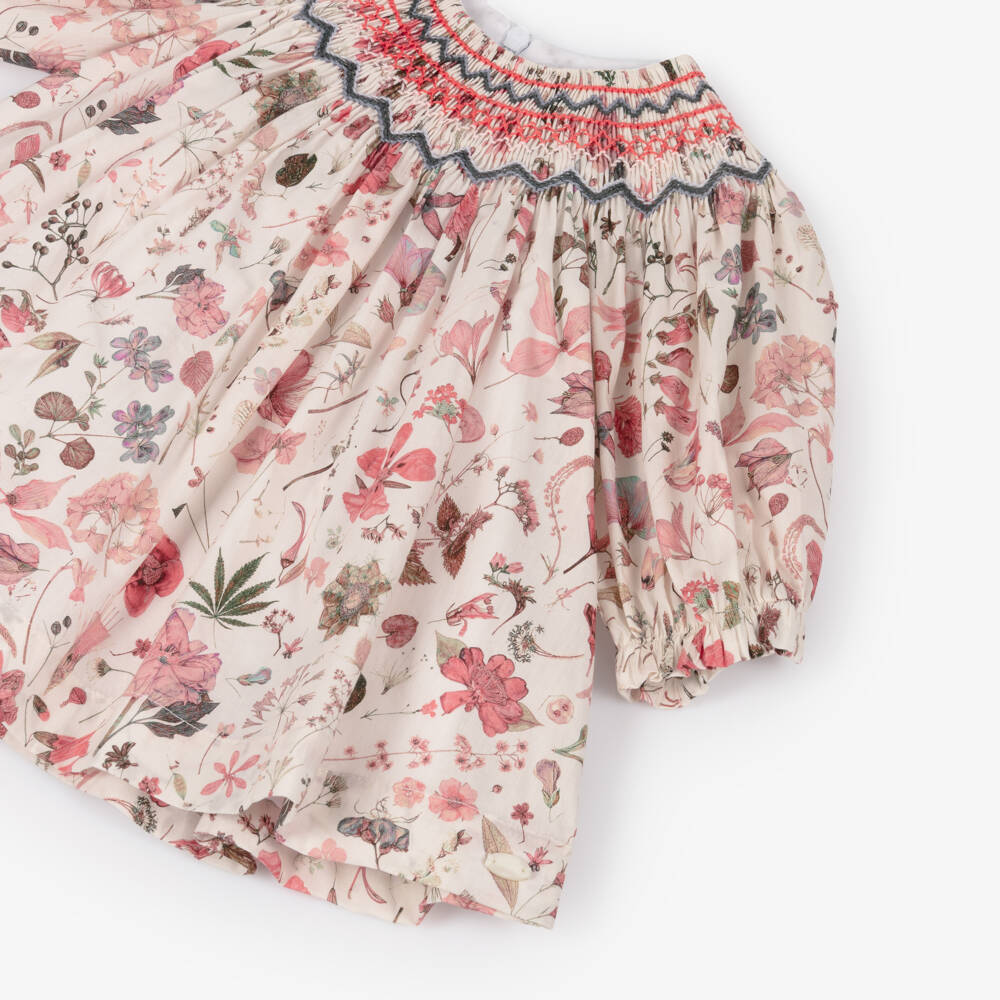 Tartine et Chocolat-Girls Ivory & Pink Floral Cotton Hand-Smocked Dress | Childrensalon