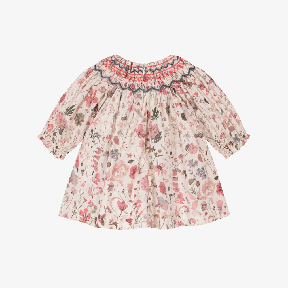 Tartine et Chocolat-Girls Ivory & Pink Floral Cotton Hand-Smocked Dress | Childrensalon