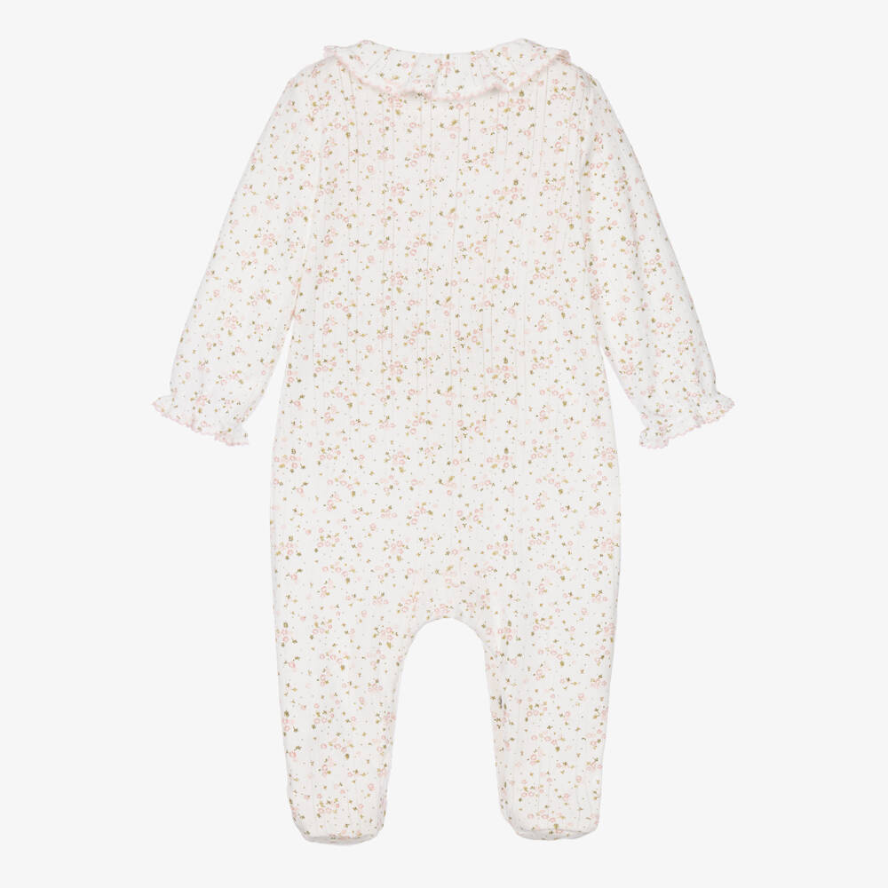 Tartine et Chocolat-Girls Ivory & Pink Floral Pointelle Jersey Babygrow | Childrensalon