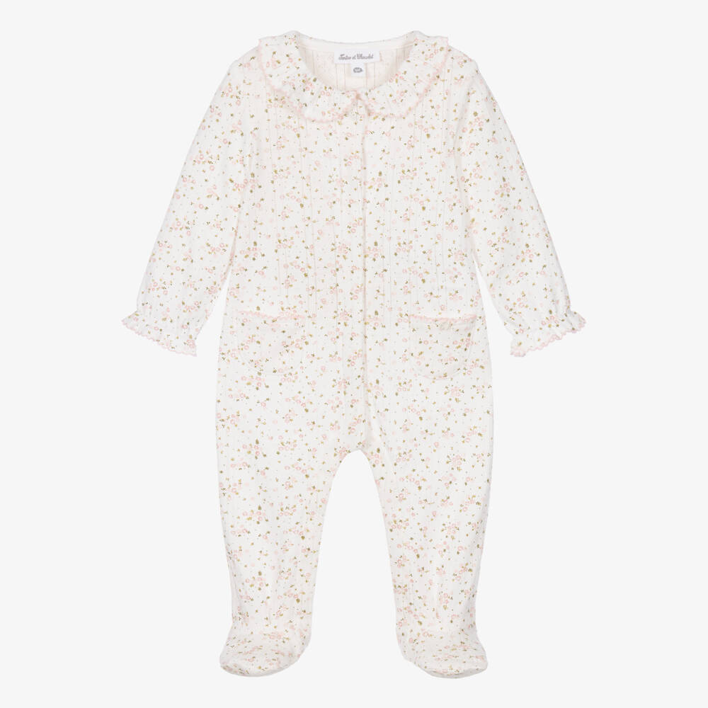 Tartine et Chocolat-Girls Ivory & Pink Floral Pointelle Jersey Babygrow | Childrensalon