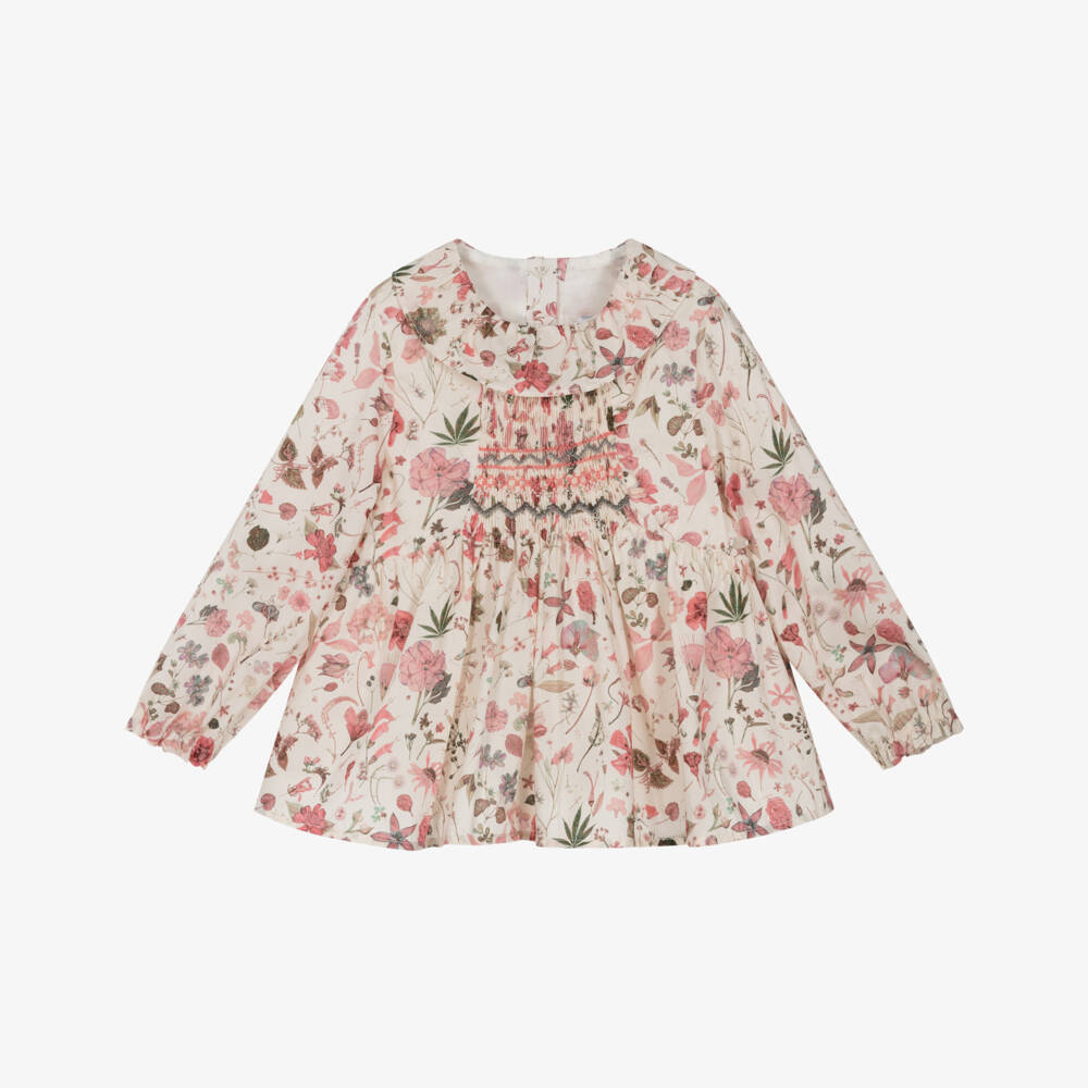 Tartine et Chocolat-Girls Ivory & Pink Floral Print Blouse | Childrensalon