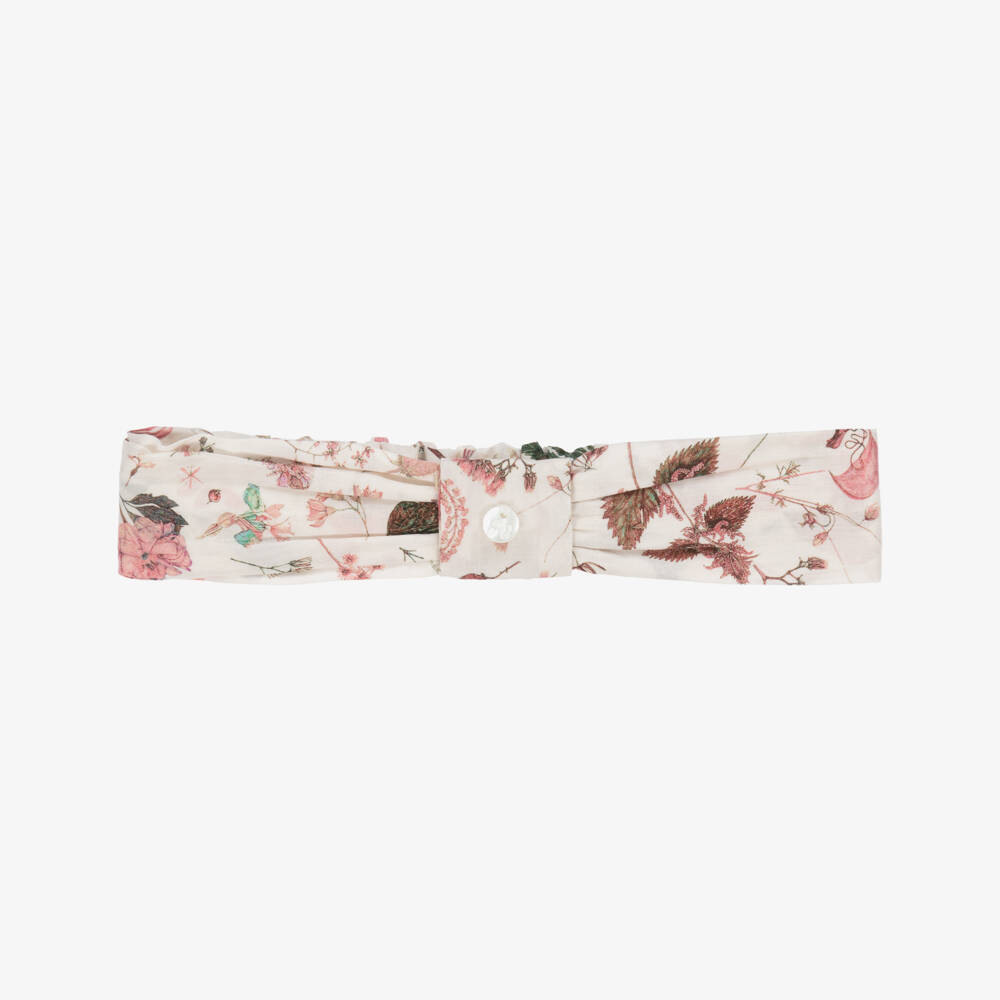 Tartine et Chocolat-Girls Ivory & Pink Floral Print Cotton Headband | Childrensalon