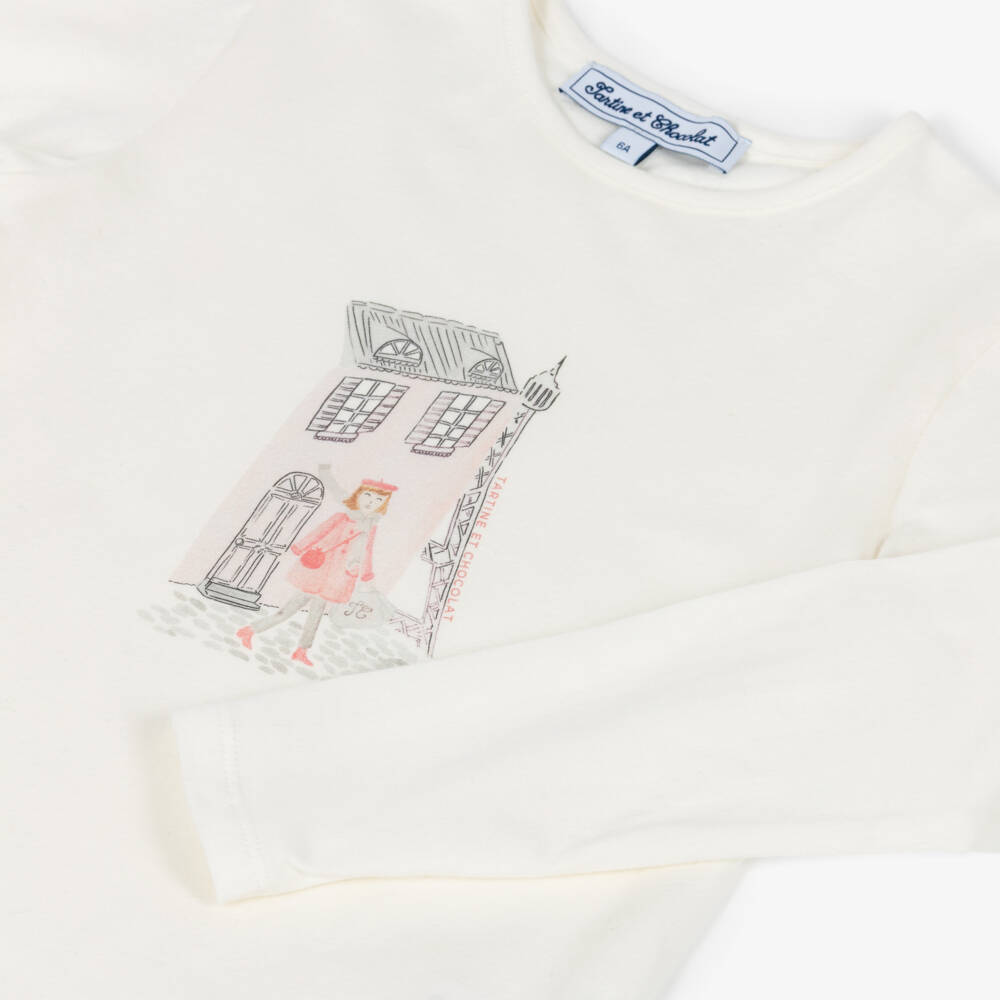 Tartine et Chocolat-Girls Ivory Printed Cotton Jersey Top | Childrensalon